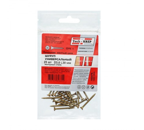Саморез ШУж 3,0х30 пот. гол. (25 шт) - пакет ( 0,026 кг)  102475  Tech-KREP
