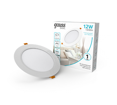 Светильник  Basic Downlight круг 12W 1000m 4000K 170-260V IP20 145*26 белый LED 1/60  9030420212  Gauss