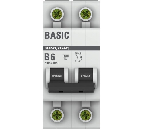Выключатель автоматический двухполюсный 2P 6А (B) 4,5кА ВА 47-29 EKF Basicmcb4729-2-06-BEKF