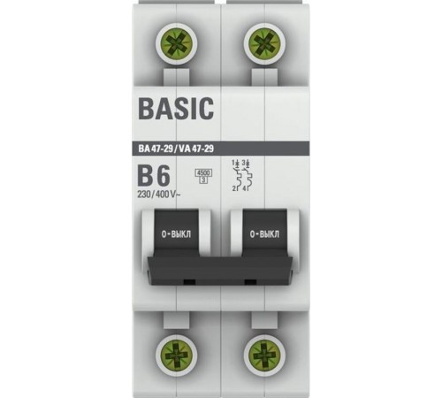 Выключатель автоматический двухполюсный 2P 6А (B) 4,5кА ВА 47-29 EKF Basicmcb4729-2-06-BEKF