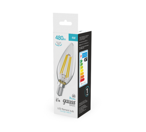 Лампа светодиодная   Basic Filament Свеча 4W 480lm 4000K E14 LED 1/10/50  50312242  Gauss
