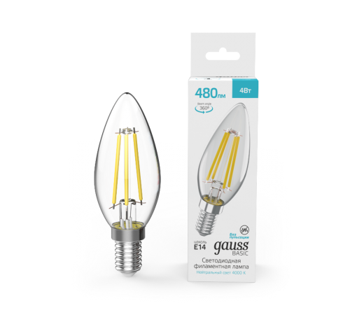 Лампа светодиодная   Basic Filament Свеча 4W 480lm 4000K E14 LED 1/10/50  50312242  Gauss
