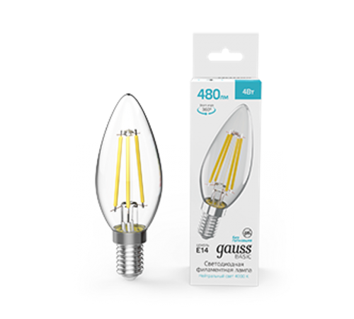 Лампа светодиодная   Basic Filament Свеча 4W 480lm 4000K E14 LED 1/10/50  50312242  Gauss