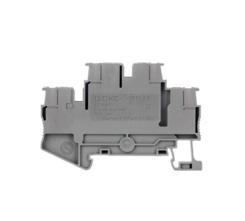 Клемма двухуровневая, зажим push-in, 4 точки подключения, уровни соединены перемычкой, 2.5 кв.мм, серая  VPRTT-2.5-PV-GY  DKC