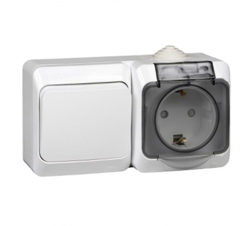 Этюд Белый О/У Блок: Розетка с заземлением со шторками + Переключатель 1-клавишный IP44  BPA16-246B  SE