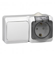 Этюд Белый О/У Блок: Розетка с заземлением со шторками + Переключатель 1-клавишный IP44  BPA16-246B  SE