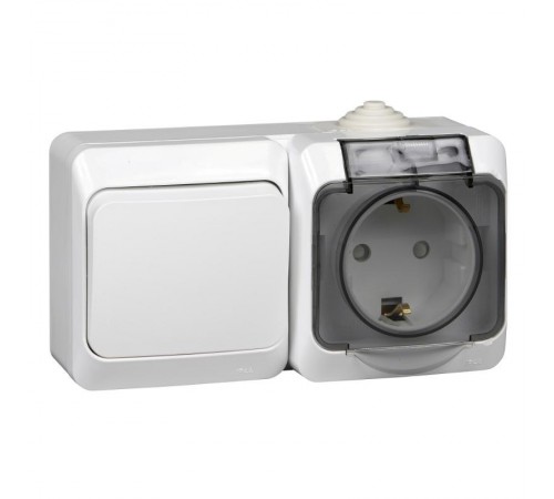 Этюд Белый О/У Блок: Розетка с заземлением со шторками + Переключатель 1-клавишный IP44  BPA16-246B  SE