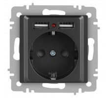 Розетка Intro Accent 6-410-07 P+E Schuko со шторками, 16А-250В + 2хUSB, IP20, СУ, графит  Б0063702  Intro