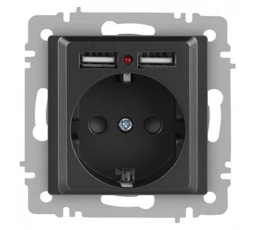 Розетка Intro Accent 6-410-07 P+E Schuko со шторками, 16А-250В + 2хUSB, IP20, СУ, графит  Б0063702  Intro