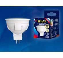 Лампа светодиодная LED-JCDR 6W/WW/GU5.3/FR/DIM PLP01WH LED, димм.. "JCDR", мат, серия Яркая, пр-во Россия, 3000К  UL-00003991  Uniel
