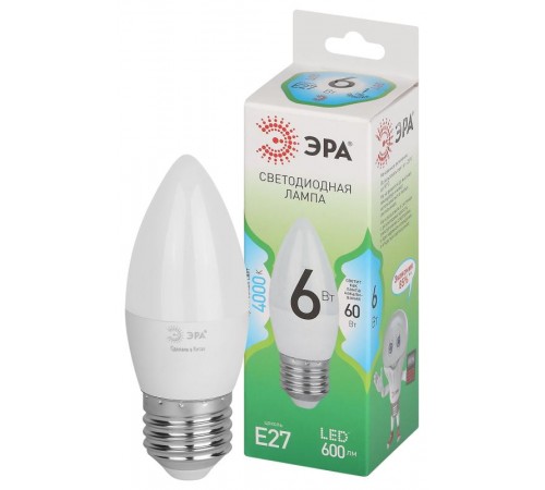 Лампа светодиодная  GREEN LINE LED B35-6W-840-E27 GL E27 6 Вт свеча яркий белый свет  Б0067132  ЭРА