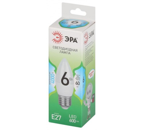 Лампа светодиодная  GREEN LINE LED B35-6W-840-E27 GL E27 6 Вт свеча яркий белый свет  Б0067132  ЭРА
