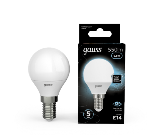 Лампа светодиодная LED 6,5Вт E14 220В 4100К шар  105101207  Gauss