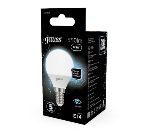 Лампа светодиодная LED 6,5Вт E14 220В 4100К шар  105101207  Gauss