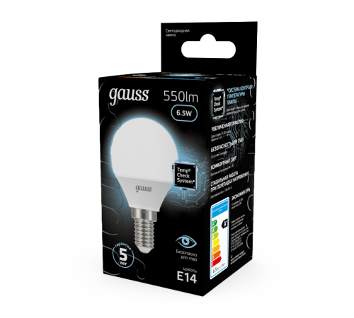 Лампа светодиодная LED 6,5Вт E14 220В 4100К шар  105101207  Gauss