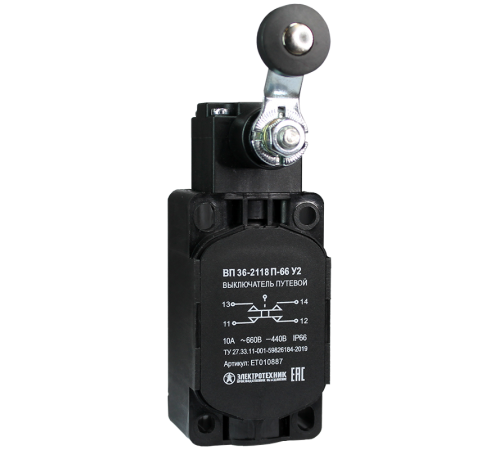 ВП 36-2118П-66 У2, рычаг с пластиковым роликом, 1з+1р, безинерционный, 30х60 мм, 3А, IP66, выключатель путевой  ET010887  Электротехник