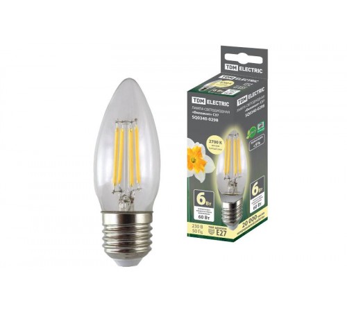 Лампа светодиодная свеча "Филамент" С37-6 Вт-230 В-2700 К-E27 TDM  SQ0340-0298  TDM