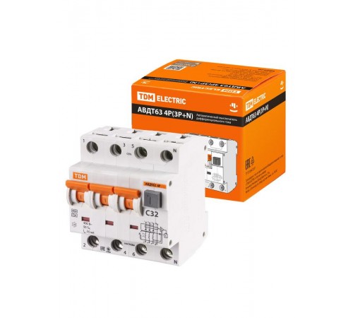 Выключатель автоматический дифференциального тока АВДТ 63 3п+N 32А C 30мА тип A  SQ0202-0019  TDM