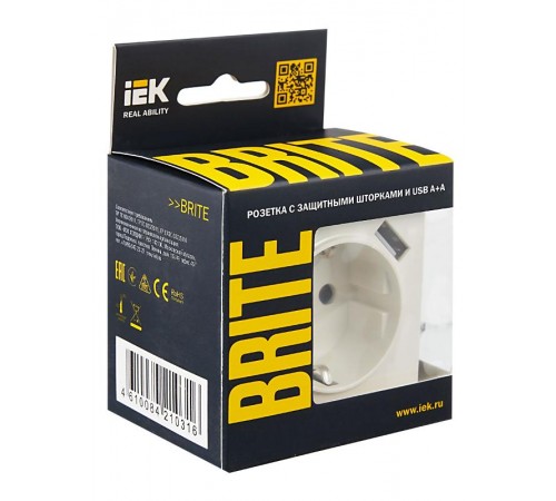 BRITE Розетка с заземлением со шторками 16А с USB A+A 2,1А РЮш10-1-БрЖ жемчужный  BR-R14-16-U21-D21-K36  IEK