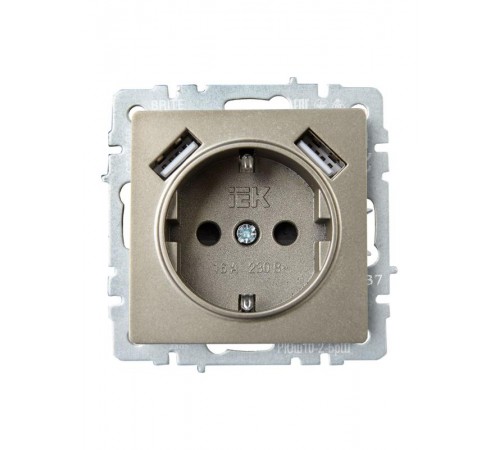 BRITE Розетка с заземлением со шторками 16А с USB A+A 3,1А РЮш10-2-БрШ шампань  BR-R14-16-U21-D31-K37  IEK