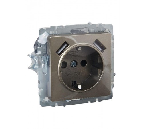 BRITE Розетка с заземлением со шторками 16А с USB A+A 3,1А РЮш10-2-БрШ шампань  BR-R14-16-U21-D31-K37  IEK