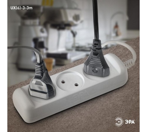 Удлинитель Россия UX(6)-3-3m Удлин-ль без зазeмл., 2х0.75мм2, ПВС, 3гн, 3м  Б0038568  ЭРА
