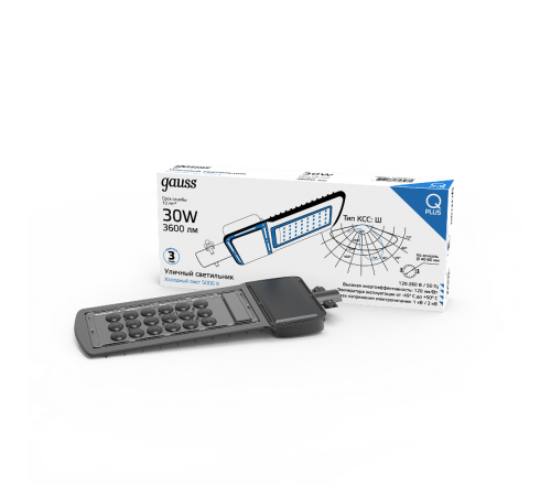 Светильник светодиодный консольный уличный Qplus 30W 3600lm 5000K 120-260V IP65 370*145*45мм черный КСС "Ш" LED 1/6  629535330  Gauss