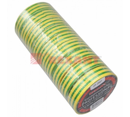 Изолента ПВХ профессиональная 0,18х19 мм х 20 м, желто-зеленая (в упак. 10 шт.)  09-2807  REXANT