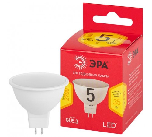 Лампа светодиодная LED MR16-5W-827-GU5.3 R (диод, софит, 7 Вт, тепл, GU 5.3) (10/100/4000)  Б0050230  ЭРА