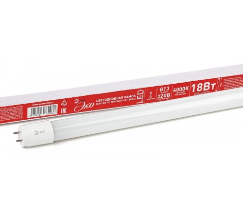 Лампа cветодиодная ECO LED T8-18W-840-G13-1200mm (диод,трубка стекл,18Вт,нейтр,непов. G13) (30/840)  Б0032976  ЭРА