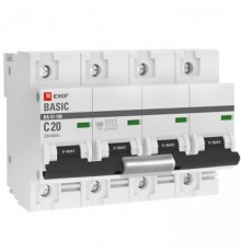 Выключатель автоматический четырехполюсный 4P 20А (C) 10kA ВА 47-100 Basic  mcb47100-4-20C-bas  EKF
