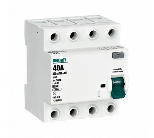 Выключатель дифференциальный (УЗО) УЗО-03 4п 40А 300мА тип AC 6кА  14251DEK  DEKraft