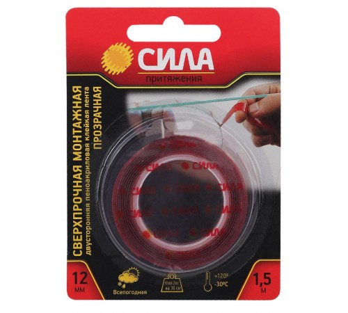 Лента сверхпрочная монтажная двустор. пеноакрил.12мм х 1,5м прозрачная SDST-1215TR (12/144/4320)  Б0046371  СИЛА