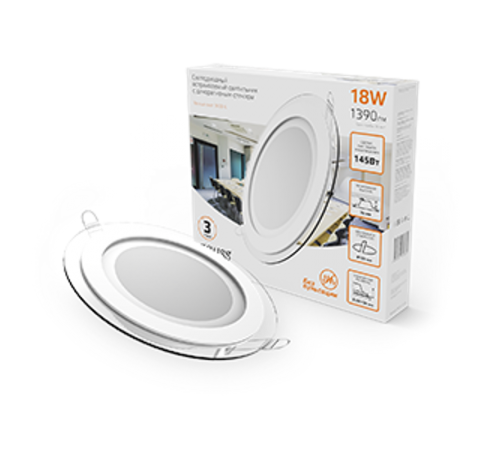 Светильник светодиодный встраиваемый круглый с декоративным стеклом, 200х30,O155, 18W 3000K 1390лм  947111118  Gauss