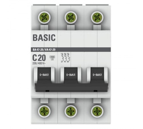 Выключатель автоматический трехполюсный ВА 47-29 20А C 4,5кА Basic  mcb4729-3-20C  EKF