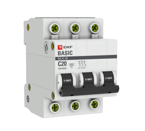 Выключатель автоматический трехполюсный ВА 47-29 20А C 4,5кА Basic  mcb4729-3-20C  EKF