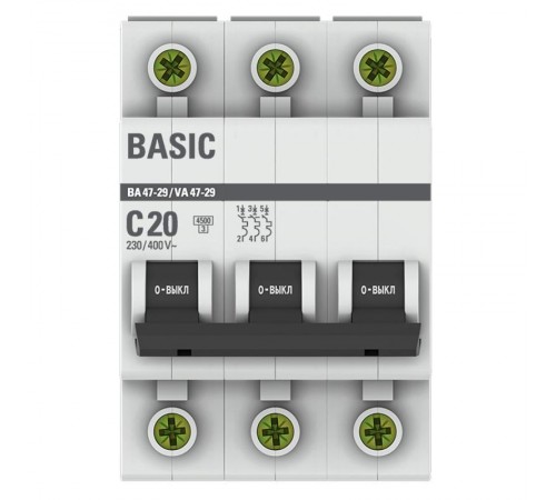 Выключатель автоматический трехполюсный ВА 47-29 20А C 4,5кА Basic  mcb4729-3-20C  EKF