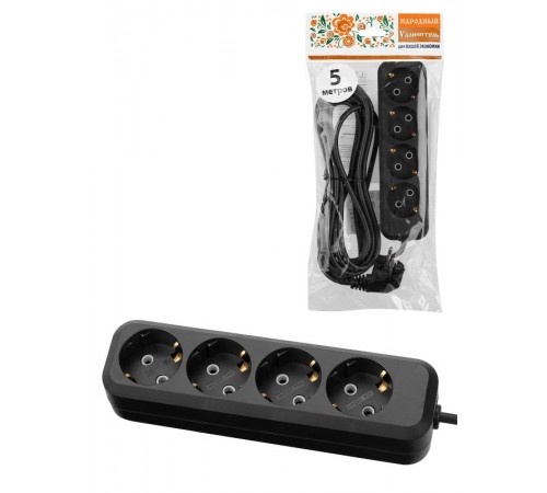 Удлинитель 4 гнезда, 5 метров, с/з, 10 А, 2300 Вт, черный, НАРОДНЫЙ SQ1303-1057  TDM