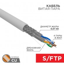 Кабель витая пара SSTP 4PR 23AWG, CAT7, бухта 305 м  01-0542  REXANT