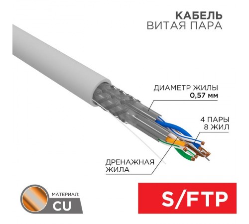 Кабель витая пара SSTP 4PR 23AWG, CAT7, бухта 305 м  01-0542  REXANT