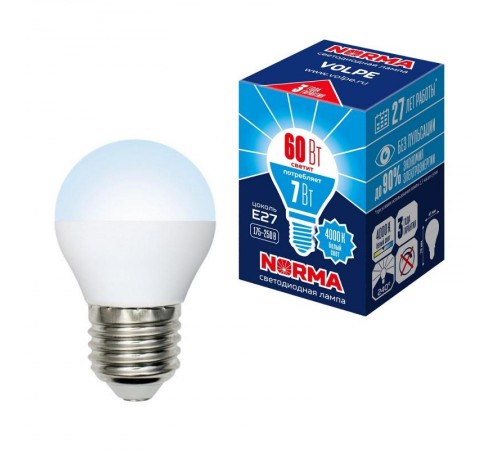 Лампа светодиодная LED-G45-7W/NW/E27/FR/NR LED. "шар", матовая. Серия Norma. 4000K  UL-00003822  Volpe