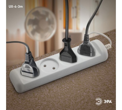 UX-4-3m Удлин-ль без заземл,2x0.75мм2, ШВВП, 4гн, 3м (5/20/720)  Б0038560  ЭРА