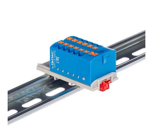 Блок распределительный с верт. адаптером на рейки  15/35мм, зажим push-in, 1 ввод 6 кв.мм, 12  подкл. 2,5 кв.мм, синий  DTP1-112-104SPUB-V  DKC