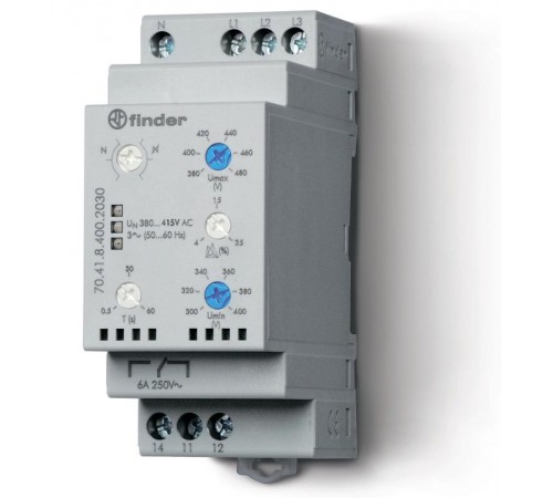 Контрольное реле для 3-фазных сетей; пониженное/повышенное напряжение, обрыв/чередование/асимметрия фаз, контроль нейтрали  704184002030PAS  Finder