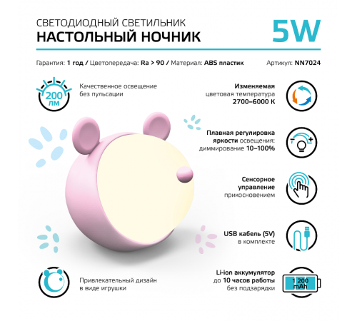 Светильник ночник настольный Qplus GTL702 5W 200lm 2700-6000K 5V Li-ion 1200mA розовый диммируемый LED 1/10/30  NN7024  Gauss