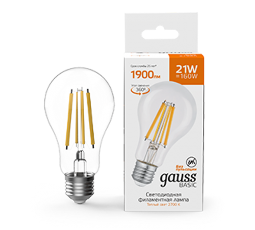 Лампа светодиодная   Basic Filament А70 21W 1900lm 2700К Е27 LED 1/10/40  40712112  Gauss