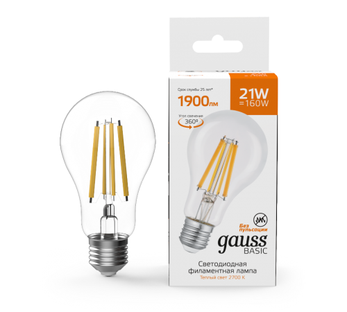 Лампа светодиодная   Basic Filament А70 21W 1900lm 2700К Е27 LED 1/10/40  40712112  Gauss