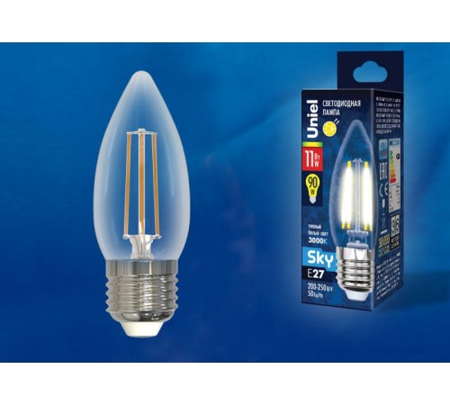 Лампа светодиодная LED-C35-11W/3000K/E27/CL PLS02WH LED. "свеча", прозр. Серия Sky. 3000К .  UL-00005166  Uniel
