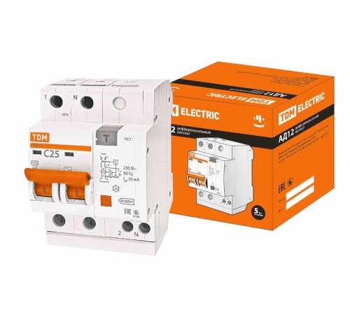 Выключатель автоматический дифференциального тока АД12 2п 25А C 30мА тип AC (4 мод)  SQ0204-0011  TDM