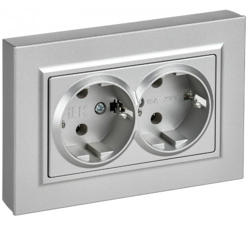 BRITE Розетка 2-местная с заземлением без защитных шторок плоская 16А в сборе РСПл12-3-БрА алюминий   BR-R27-16-K47-F  IEK